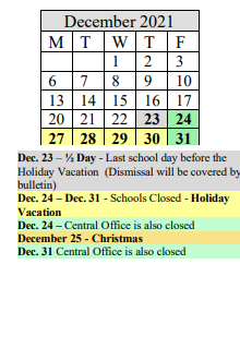 District School Academic Calendar for Mary O Pottenger for December 2021