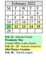 District School Academic Calendar for Jonathan Dayton High Sch for February 2022