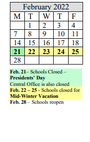 District School Academic Calendar for Milton Bradley School for February 2022