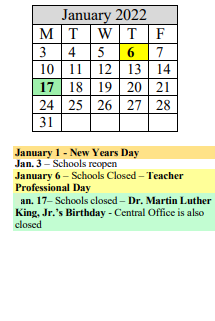 District School Academic Calendar for Thelma L. Sandmeier for January 2022