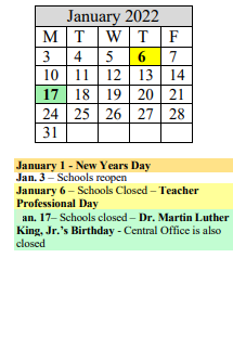 District School Academic Calendar for Putnam Voc Tech High Sch for January 2022