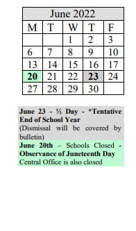District School Academic Calendar for Mary M Walsh for June 2022
