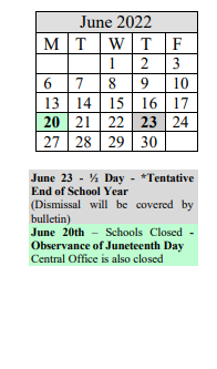 District School Academic Calendar for Mary M Lynch for June 2022