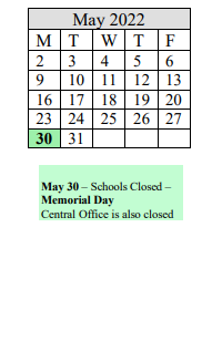 District School Academic Calendar for Mary M Lynch for May 2022