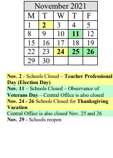 District School Academic Calendar for Margaret C Ells for November 2021