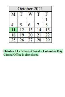 District School Academic Calendar for Milton Bradley School for October 2021