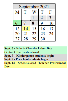 District School Academic Calendar for Arthur T Talmadge for September 2021