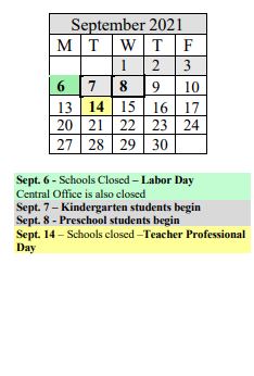 District School Academic Calendar for Boland School for September 2021