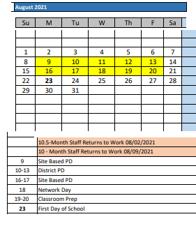 District School Academic Calendar for Wyman ELEM. for August 2021