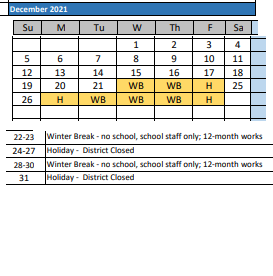 District School Academic Calendar for Lift For Life Academy for December 2021