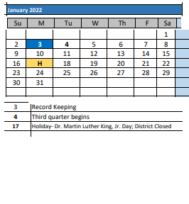 District School Academic Calendar for Cole ELEM. for January 2022