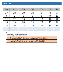 District School Academic Calendar for Oak Hill ELEM. for July 2021