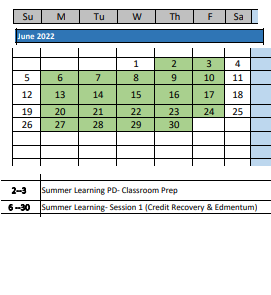 District School Academic Calendar for Jefferson ELEM. for June 2022