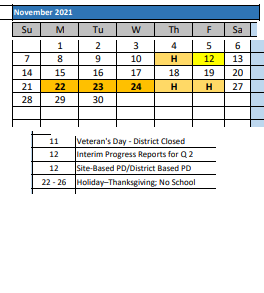 District School Academic Calendar for Long Middle Community ED. CTR. for November 2021