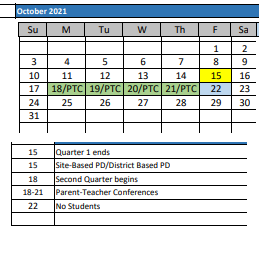 District School Academic Calendar for Yeatman-liddell PREP. JR. High for October 2021