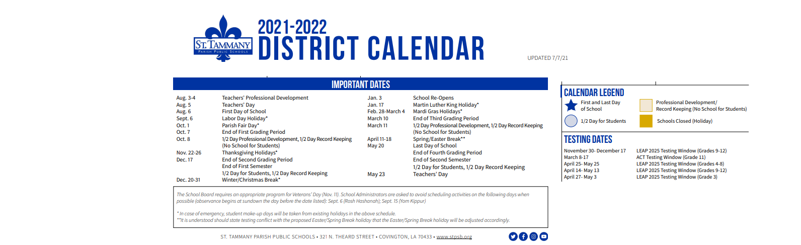 District School Academic Calendar Key for Mandeville Elementary School