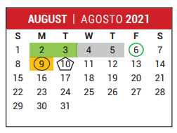 District School Academic Calendar for Fort Bent Co Alter for August 2021