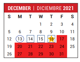 District School Academic Calendar for Stafford Primary School for December 2021