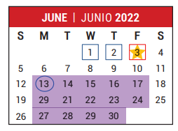 District School Academic Calendar for Stafford Primary School for June 2022