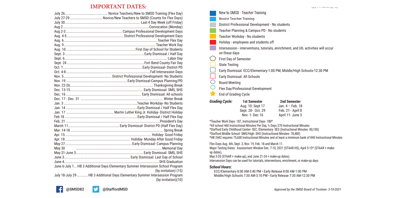 District School Academic Calendar Key for Stafford Adjustment Center