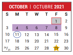 District School Academic Calendar for Fort Bent Co Alter for October 2021