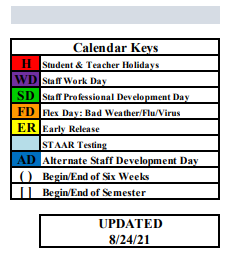 District School Academic Calendar Legend for Stamford Middle School