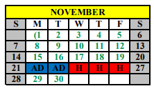 District School Academic Calendar for Stamford Middle School for November 2021