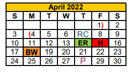 District School Academic Calendar for Stephenville J H for April 2022