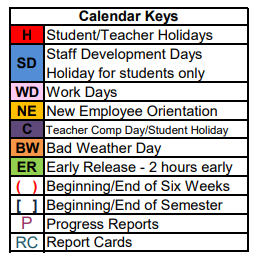 District School Academic Calendar Legend for Central Elementary