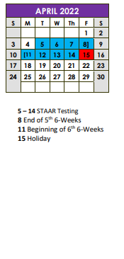 District School Academic Calendar for Stockdale Elementary for April 2022