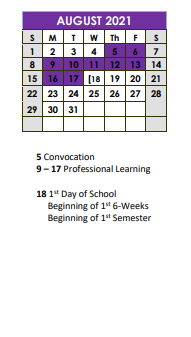 District School Academic Calendar for Stockdale Junior High for August 2021