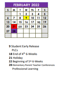 District School Academic Calendar for Stockdale Junior High for February 2022