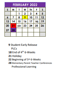 District School Academic Calendar for Alternative School for February 2022