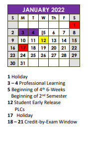 District School Academic Calendar for Alternative School for January 2022