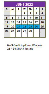 District School Academic Calendar for Alternative School for June 2022