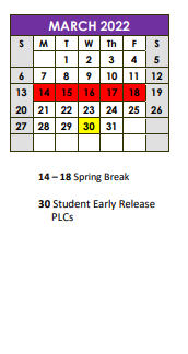 District School Academic Calendar for Alternative School for March 2022
