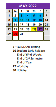 District School Academic Calendar for Stockdale Junior High for May 2022