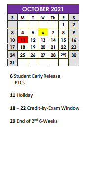 District School Academic Calendar for Alternative School for October 2021