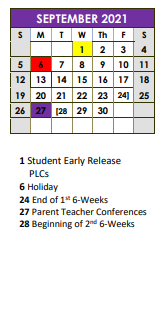 District School Academic Calendar for Stockdale Elementary for September 2021