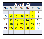 District School Academic Calendar for Urbani Institute for April 2022