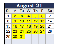 District School Academic Calendar for Stockton Virtual Academy Charter for August 2021