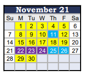 District School Academic Calendar for Tyler Skills Elementary for November 2021