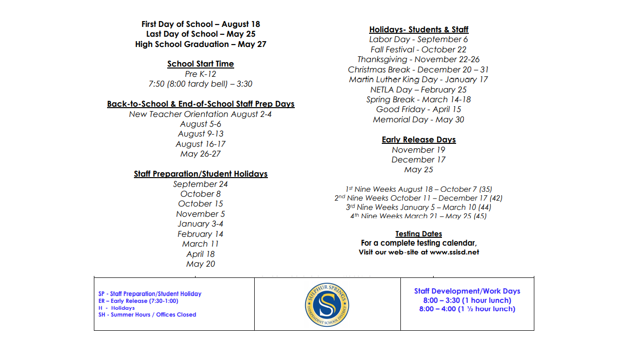 District School Academic Calendar Key for Sulphur Springs Middle