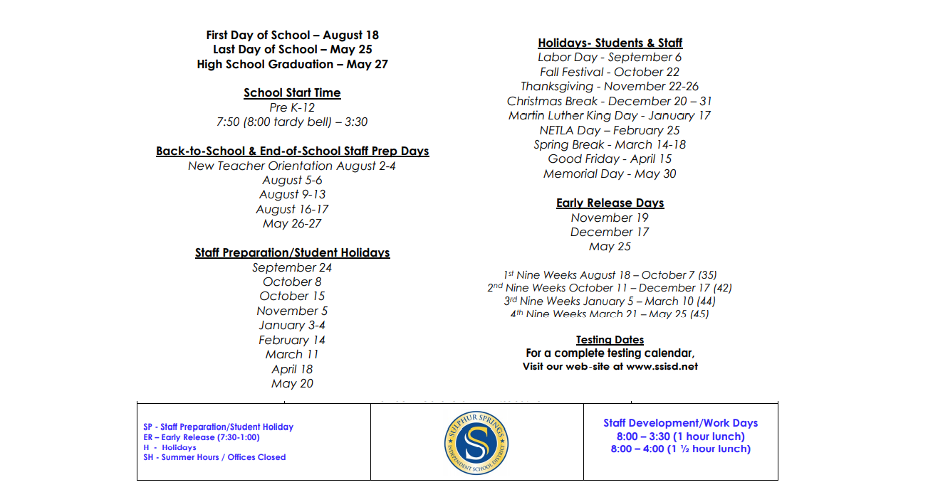 District School Academic Calendar Key for Bowie Elementary