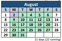 District School Academic Calendar for Joe Shafer Middle School for August 2021