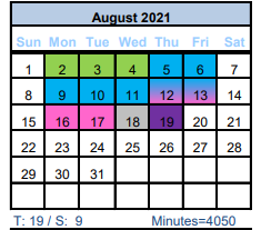 District School Academic Calendar for Brazoria Co J J A E P for August 2021
