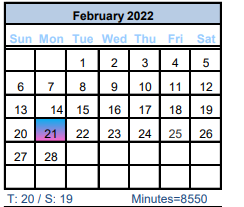 District School Academic Calendar for Brazoria Co J J A E P for February 2022
