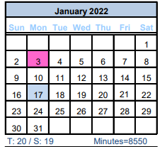 District School Academic Calendar for Brazoria Co J J A E P for January 2022
