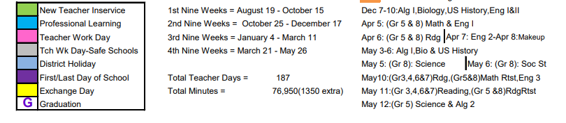 District School Academic Calendar Key for Sweeny High School