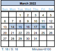 District School Academic Calendar for Brazoria Co J J A E P for March 2022